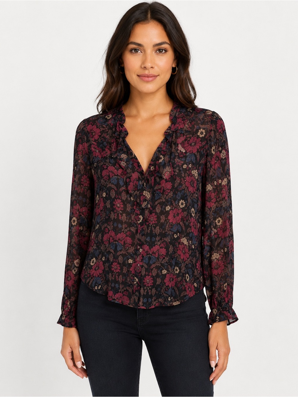 PAIGE Jodelle Floral Print Silk Long Sleeve Ruffled V-Neck Blouse Size Medium